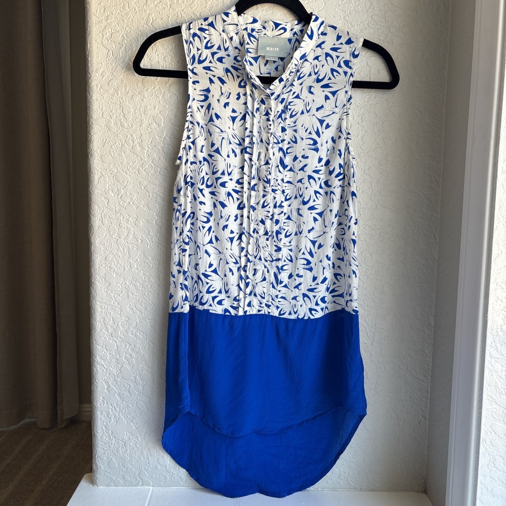 Maeve Anthro Silk 0 Blouse Sleeveless Button Carissa & Cobalt Colorbock Collar